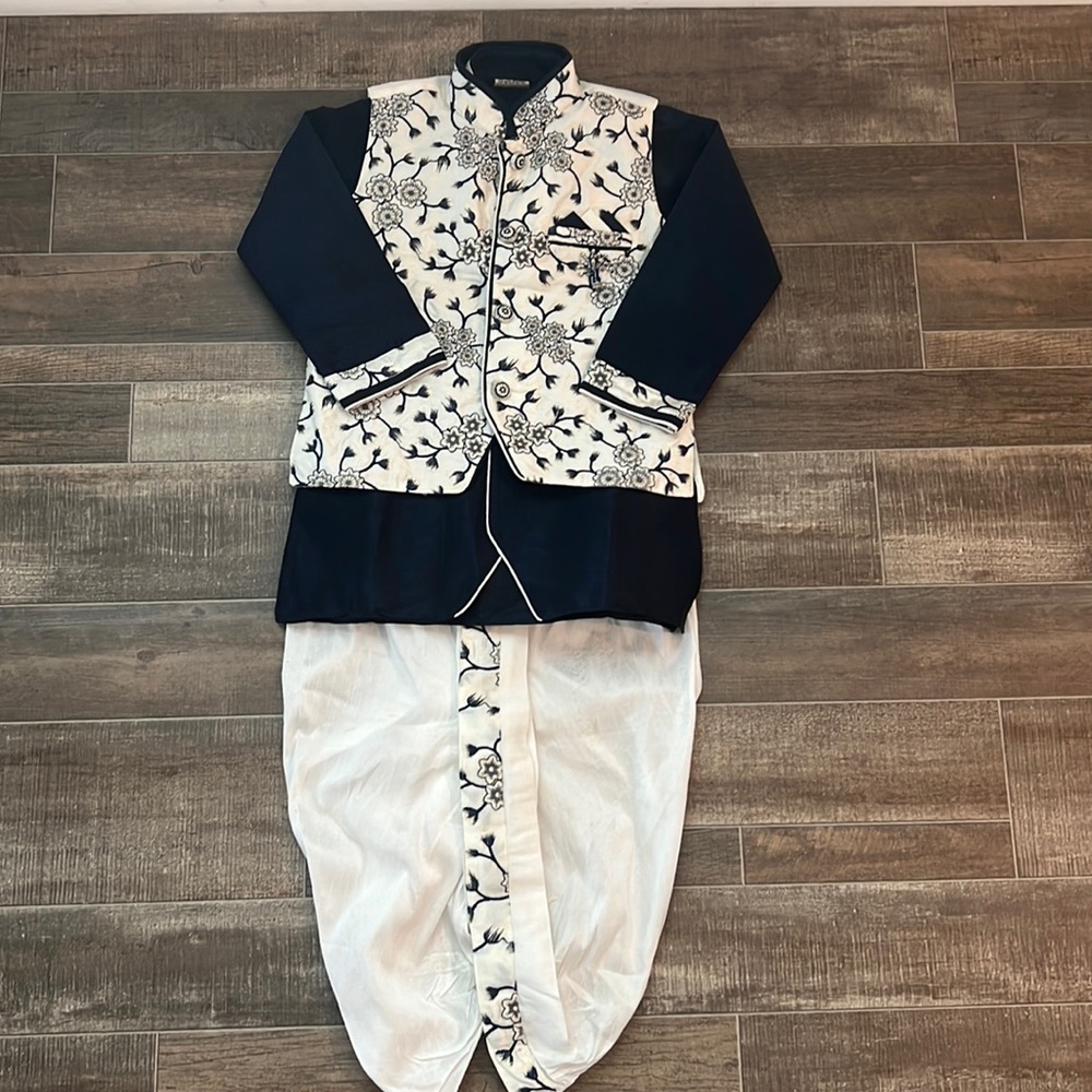 Indian Ethnic Asian 3 Piece Boy Kurta Pajama Waistcoat Floral Blue White SZ 4